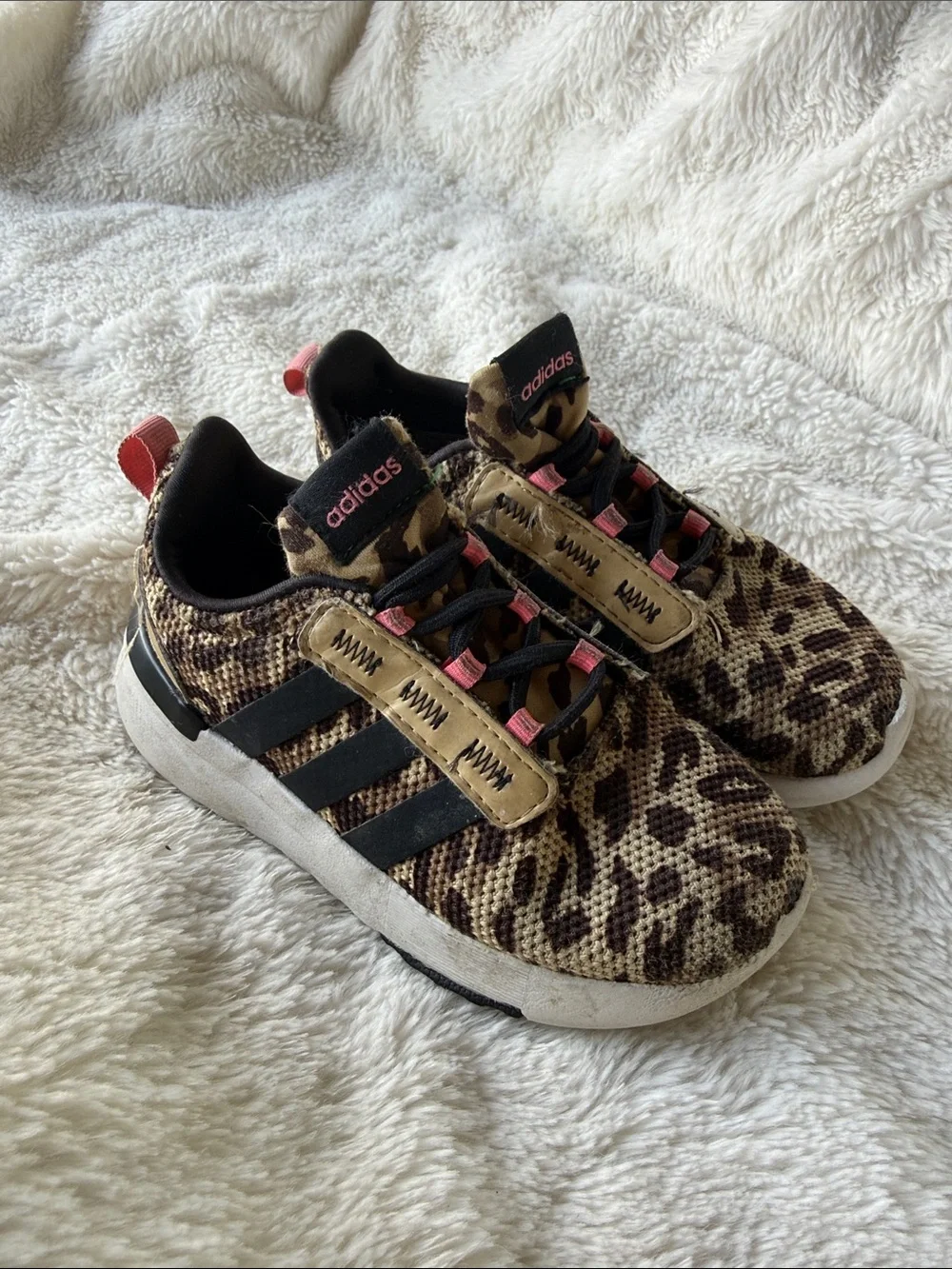 adidas Kids Leopard Print Sneakers in Brown and Black with Pink Accents